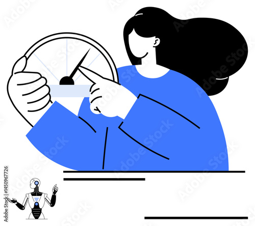 Woman points at a gauge, representing growth or progress, with a humanoid robot advocating AI and automation. Ideal for technology, AI, teamwork, growth, data, efficiency simple landing page