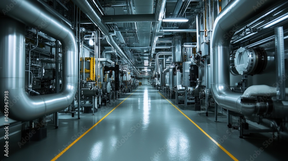 Fototapeta premium Industrial hallway with metal pipes and machinery