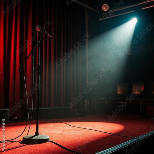 An atmospheric Comedy Club stage with a retro microphone stand, brightly illuminated by expressive spotlights that emphasize the depth of shadows while standing on stage.