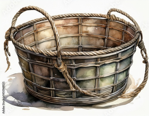 isolated on white a watercolor painting illustrates an old metal basket adorned with a rope handle