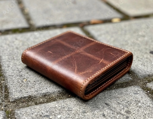 A worn-out leather wallet, left on the pavement, is a reminder of the missing finances and the anxiety caused by the loss.