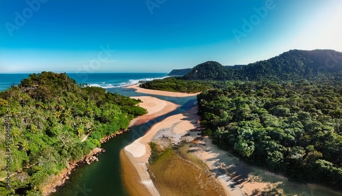 beautiful aerial view of a small river that flows into praia da fazenda a sustainable tourist destination within the protected area of serra do mar state park ubatuba sp
