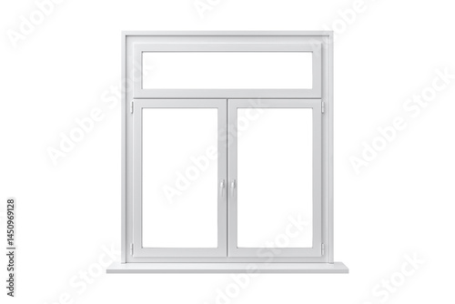Isolated on white, an open plastic window frame with glass reveals the interior of a home photo