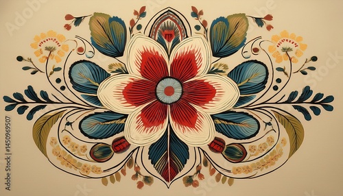 norwegian folk art symmetrical flower beige background