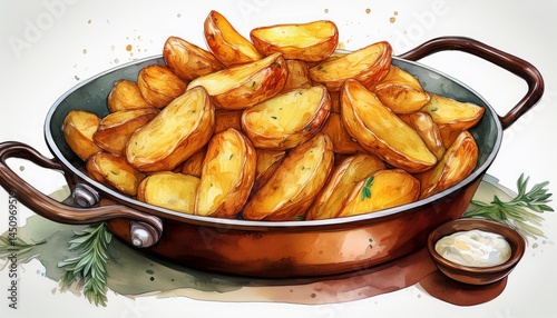 golden fried potatoes watercolor illustration in pan concept of cooking comfort food culinary art savory snacks