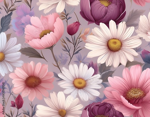 minimalist seamless background with daisies cosmos peonies roses in smooth pastel tone