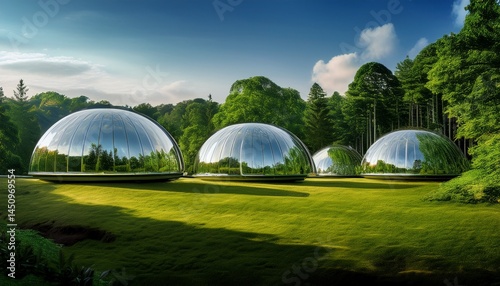 futuristic eco friendly domes surrounded by lush greenery and towering trees