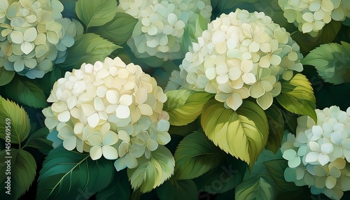 white hydrangea bloom green leaves abstract background