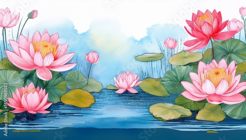 water lilies or lotuses watercolor painting art of flowers on water
