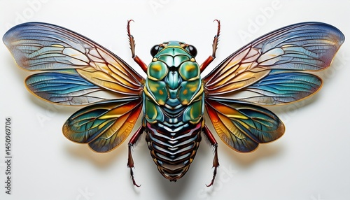 the image features a cicada with a colorful appearance showcasing its detailed wings and body on a plain white background