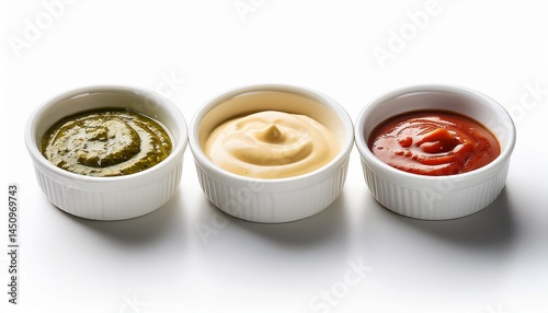 isolated photo of three white bowls with different sauces on white background