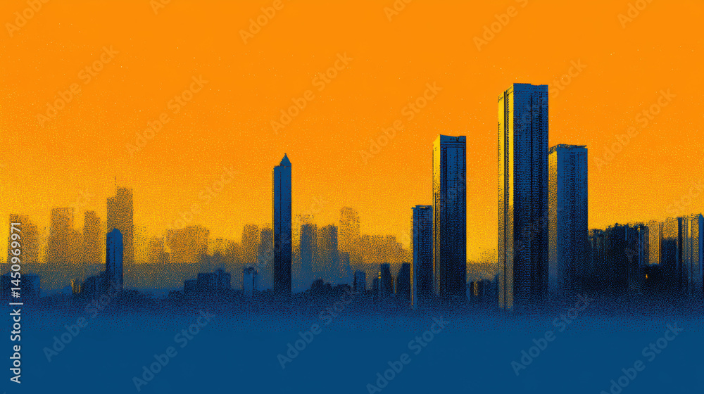 Fototapeta premium An abstract representation of a vibrant cityscape silhouetted against a bright orange sunset, creating a striking contrast of color and form in the urban landscape.
