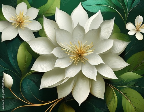 white flower stem green leaves abstract background