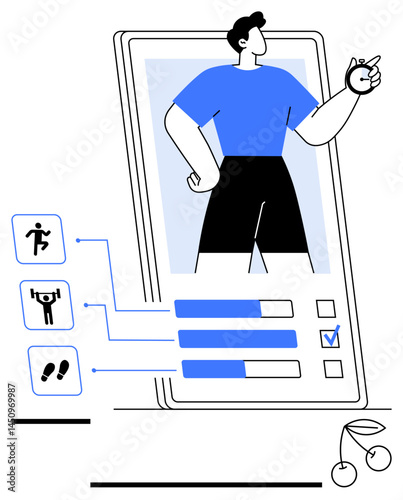 Mobile app interface displays fitness stats, activity icons, and progress bars alongside a user avatar. Ideal for health, goal tracking, activity monitoring, motivation, fitness apps, wellness tech