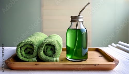 green liquid in a bottle made of glass equipped with a straw of metal sits on a tray of wood with two towels that are rolled