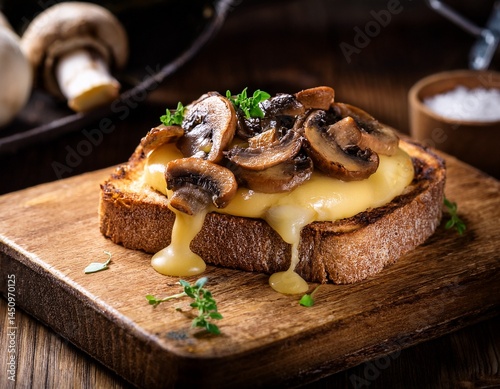 open faced sandwich on rustic sourdough slice with mushroom and melted cheese drizzled with olive oil modern high contrast lighting