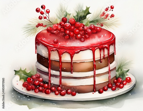 watercolor art featuring a cake with red berries and additional decorations on top
