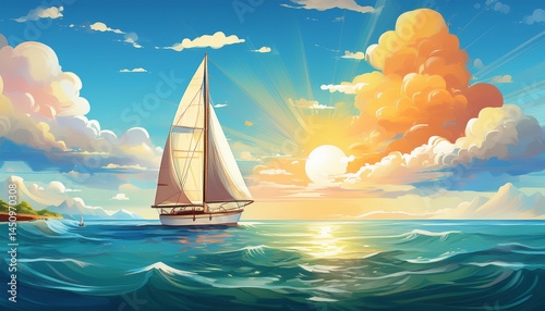 seascape with sailing yacht sun in the clouds summer vacation cartoon panoramic view