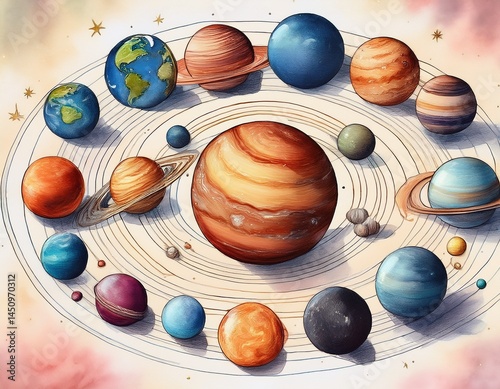 the solar system planets comprising mercury venus earth mars jupiter saturn uranus and neptune are depicted in a modern hand drawn illustration with a watercolor aesthetic