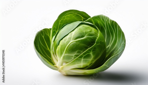 on a white background a brussels sprout is showcased in isolation its green color and layered leaves striking with a subtle shadow enhancing the visual effect