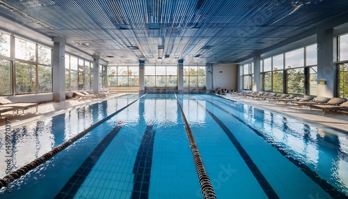 spacious modern indoor pool with pristine water and a sleek design perfect for competitive swimming training and aquatic sports in a serene atmosphere
