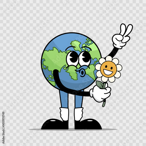  Earth holding flower with peace sign, retro cartoon. Happy cartoon Earth holding a smiling flower and showing a peace sign. Retro 70s style, symbolizing love, peace, and care for the planet.