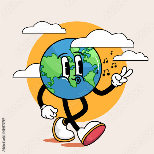 Groovy walking earth cartoon character with musical notes and retro sun. Trendy retro Earth character walking joyfully with peace sign and music notes, against a setting sun background. 60s–70s hippie
