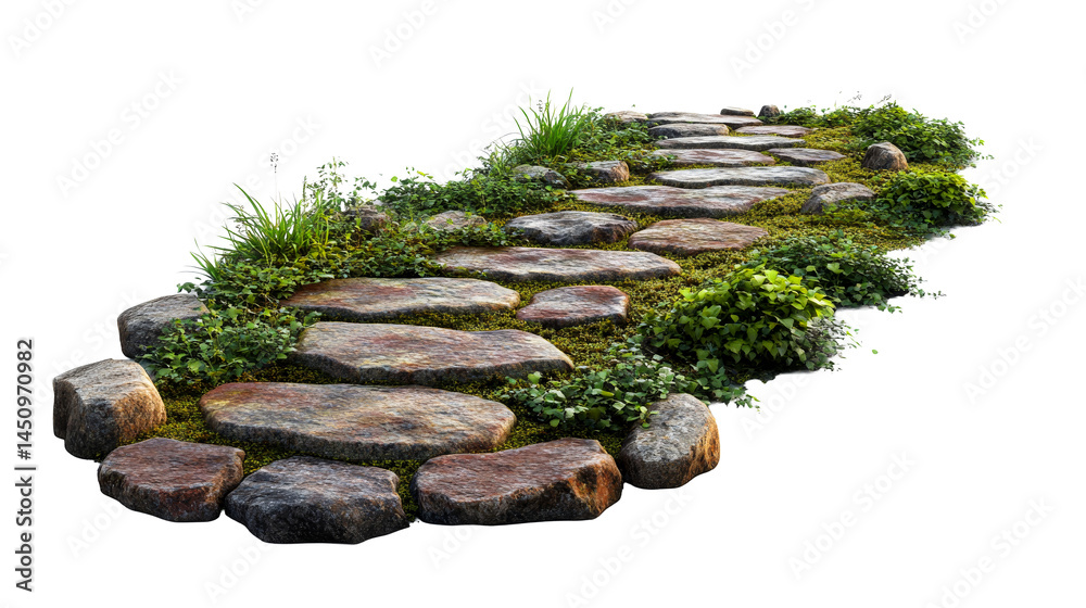 Obraz premium Stone pathway with moss and plants, cut out transparent