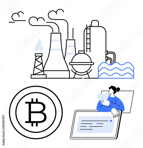 Power plants with chimneys, industrial elements, Bitcoin symbol, and a person working on a tablet. Ideal for energy, cryptocurrency, digital economy, technology finance industry investment. Flat