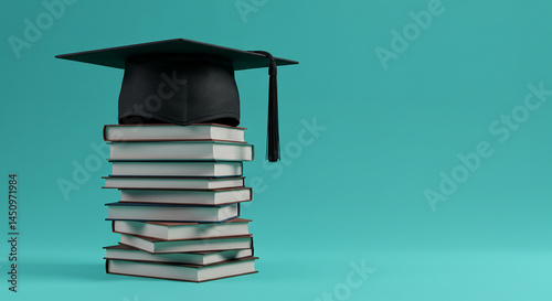 collection of academic books stacked with a graduation cap placed at the top, signifying the culmination of years of study, the achievement of educational goals, and the transition