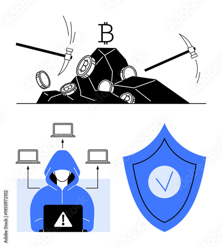 Bitcoin mining with pickaxes, hacker in a hoodie at a laptop, and symbolic blue shield with a checkmark. Ideal for cybersecurity, cryptocurrency, blockchain, hacking, data security, fintech simple