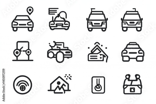 Car service icons, app interface, location background, digital illustration