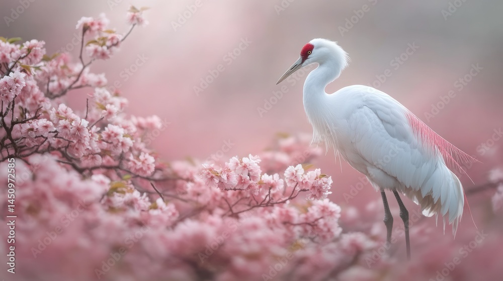 Obraz premium White crane amidst spring blossoms