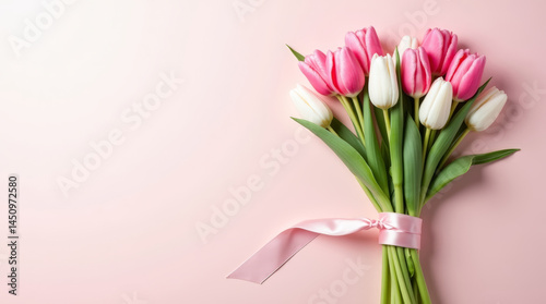 Wallpaper Mural Delicate Bouquet of Pink and White Tulips with Ribbon – Perfect Gift for Mother's Day Torontodigital.ca