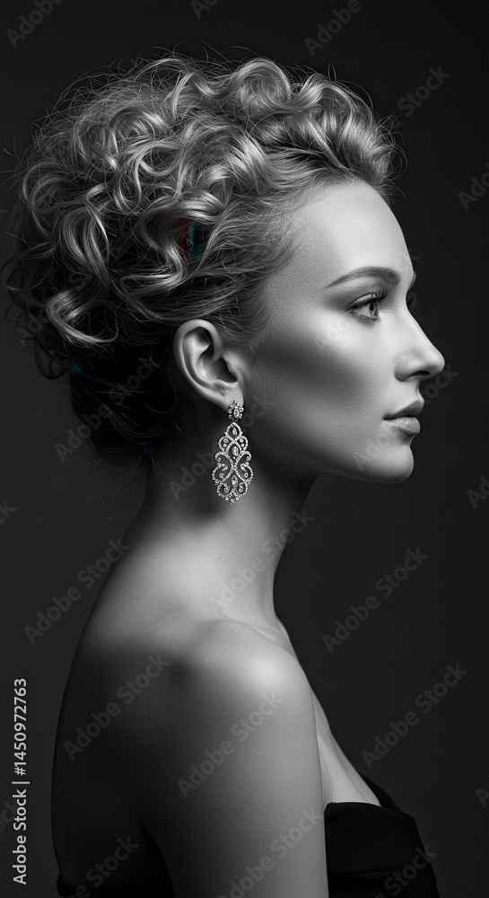 Fototapeta premium Elegant Profile: Woman with Curls & Diamond Earring - Timeless Beauty & Sophistication