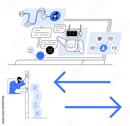 Laptop screen showing chatbot processing messages, user feedback emotions and service tools. User evaluating risk with blocks and arrows visualizing direction. Ideal for technology, communication