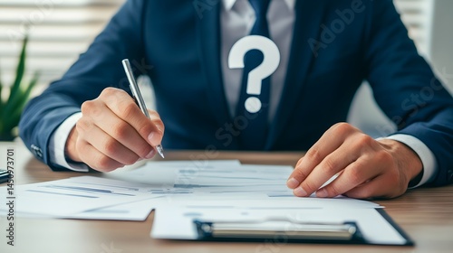 Businessman Reviewing Documents with Question Mark Uncertainty Concept