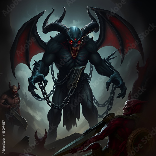 Massive chained demon: a cursed spirit and ghoul-like fiend lurking in the shadows of darkness.