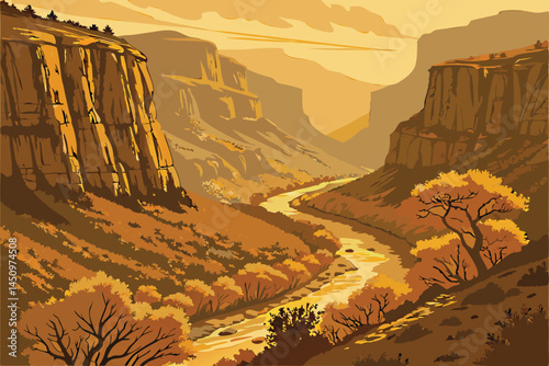 30 Majestic canyon landscape, towering cliffs, winding river, autumn foliage, golden light, misty atmosphere, dramatic rock formations, deep gorge, rugged terrain, panoramic vista, ethereal mood, natu