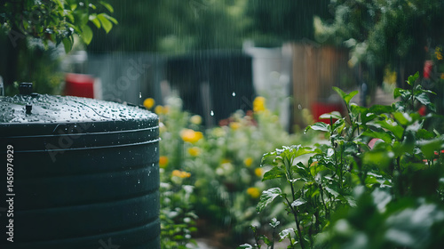 Rainy Garden Scene: A close-up shot captures a rainy day in a lush garden, with raindrops gently falling on the water tank and surrounding vegetation, creating a serene atmosphere.