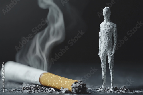 Extinguished cigarette with smoke, beside a textured human figurine, symbolizes the destructive effects of smoking on health