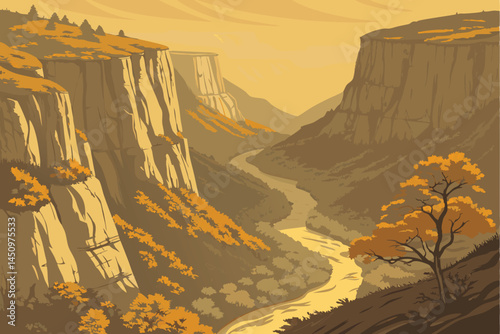 30 Majestic canyon landscape, towering cliffs, winding river, autumn foliage, golden light, misty atmosphere, dramatic rock formations, deep gorge, rugged terrain, panoramic vista, ethereal mood, natu