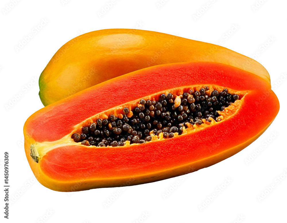Papaya: Fresh, exotic, tropical fruit displayed isolated on a clean, white transparent background, highlighting its vibrant color, juicy texture, smooth surface, and organic, natural appeal in pure cl Papaya: Fresh, exotic, tropical fruit displayed isolated on a clean, white transparent background, highlighting its vibrant color, juicy texture, smooth surface, and organic, natural appeal in pure cl