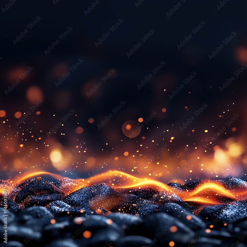A captivating image of glowing embers and flowing lava over dark stones. The interplay of light and shadows creates an intense, atmospheric scene evoking nature's raw power.