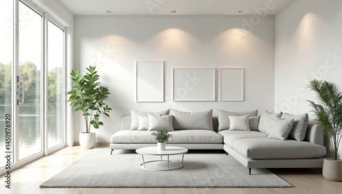 Fototapeta Naklejka Na Ścianę i Meble -  Perspective of modern luxury living room with sofa and white picture frame on lake view background,Idea of family vacation - warm timber interior design