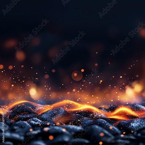 Obraz na płótnie A captivating image of glowing embers and flowing lava over dark stones. The interplay of light and shadows creates an intense, atmospheric scene evoking nature's raw power. w salonie