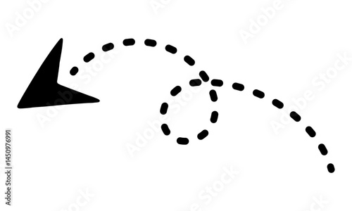 Black hand drawn curved arrow with dotted path and loop, pointing left isolated on transparent background. Ideal for presentations, infographics, and creative layouts. Vector art.