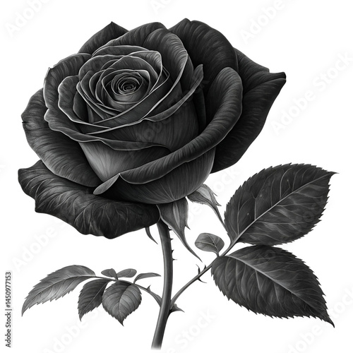Single Black Rose Isolated on White or Transparent Background PNG