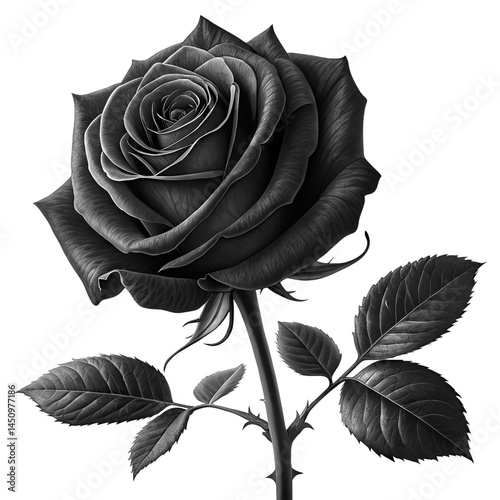 Single Black Rose Isolated on White or Transparent Background PNG