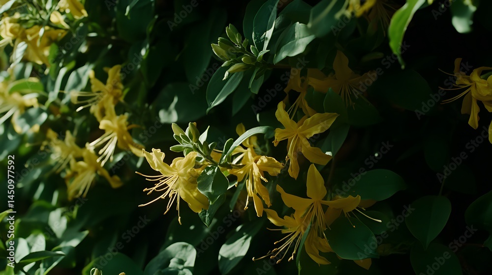 Fototapeta premium Lush Yellow Flowers Blooming in Dark Green Foliage